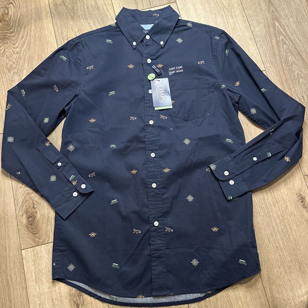 Chaps Men's Long Sleeve Button Up Canoe Outdoor Navy Small NEW
